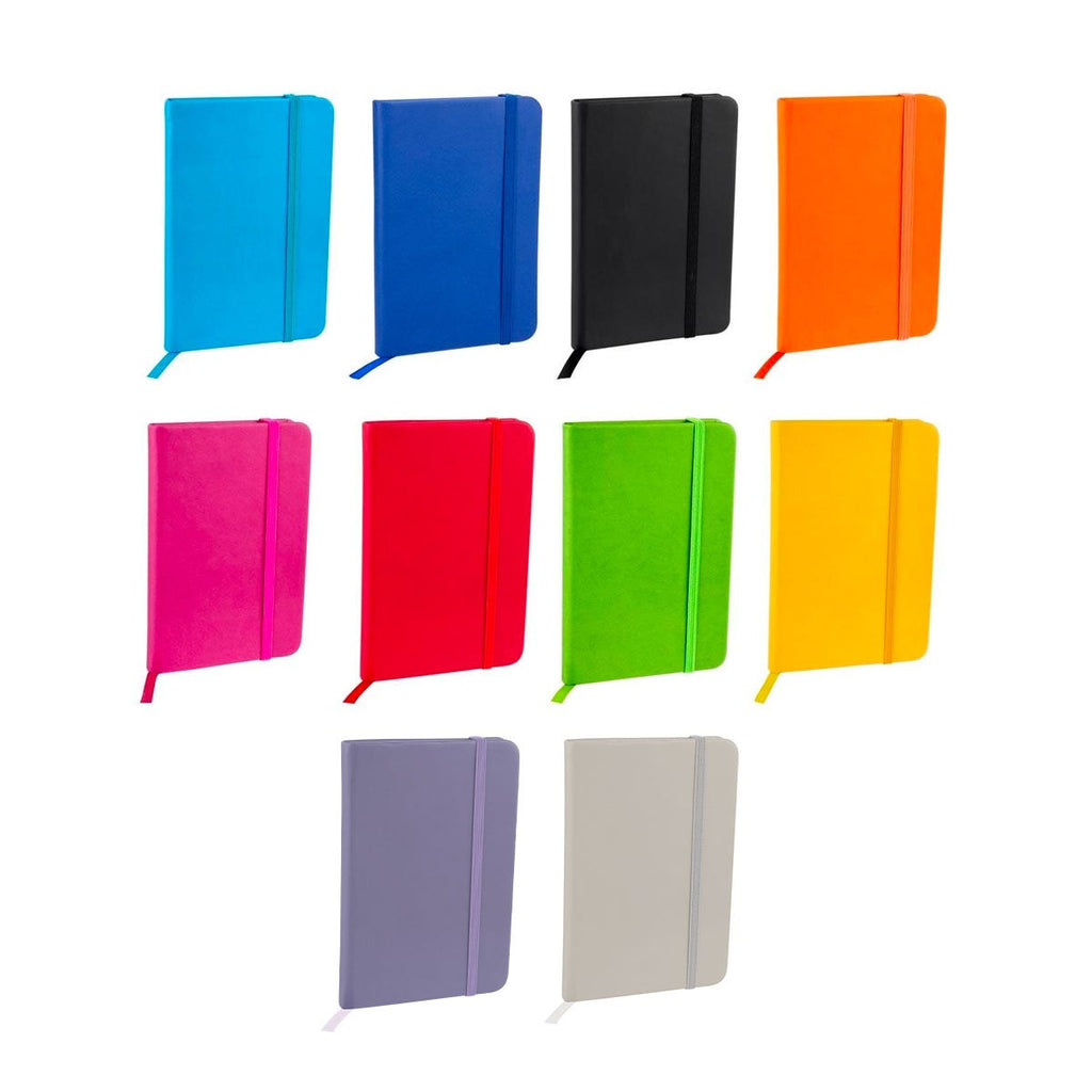 Libreta ejecutiva de curpiel personalizada con 80 hojas, separador y cierre elástico para empresas.
