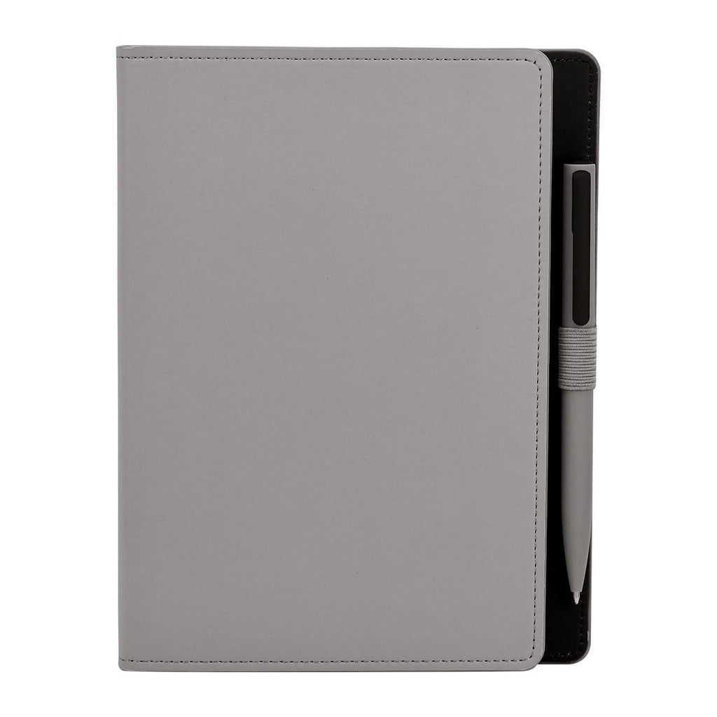 Libreta de curpiel personalizada con 80 hojas y bolígrafo con terminado rubber para empresas