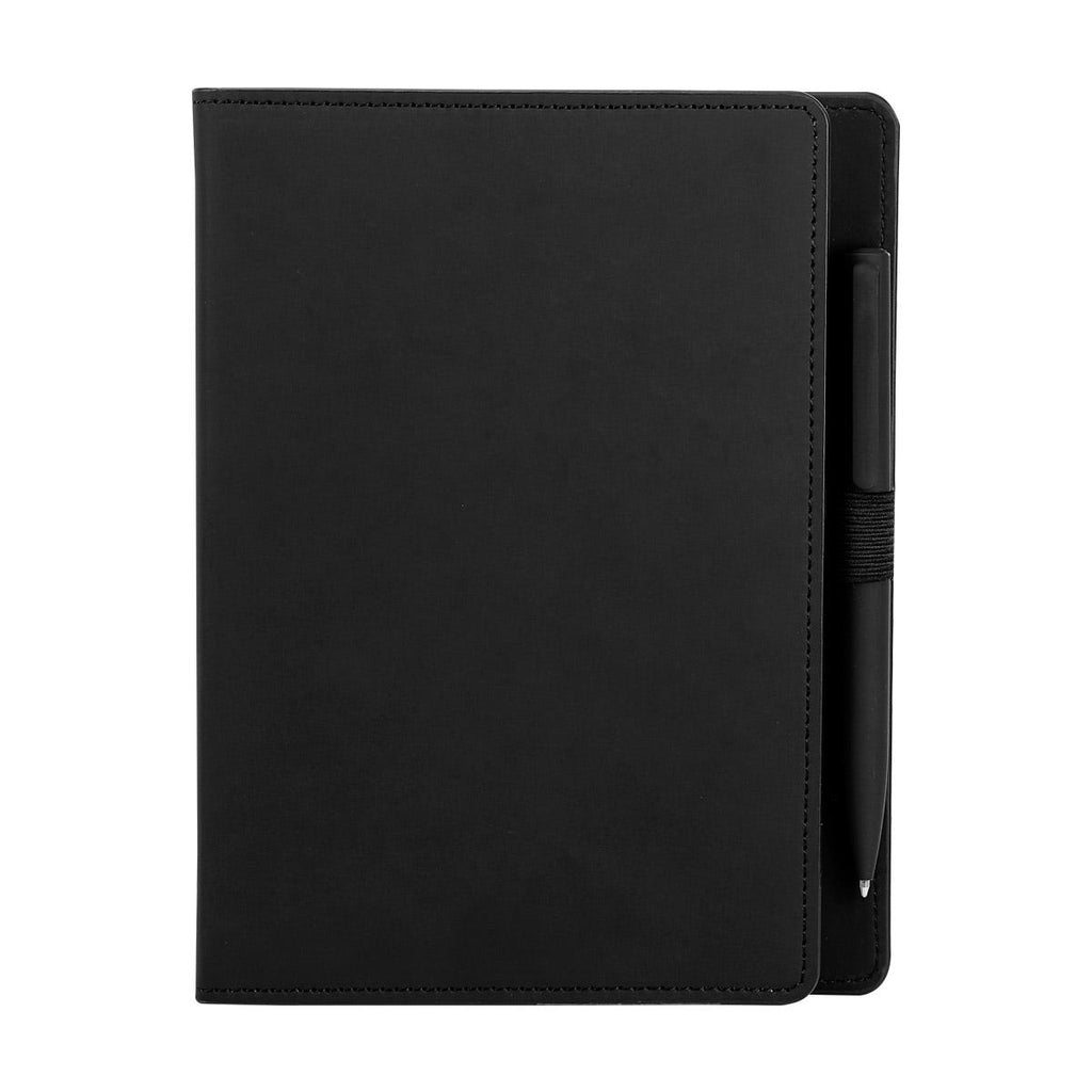 Libreta de curpiel personalizada con 80 hojas y bolígrafo con terminado rubber para empresas