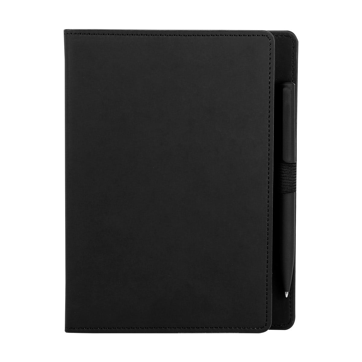 Libreta de curpiel personalizada con 80 hojas y bolígrafo con terminado rubber para empresas
