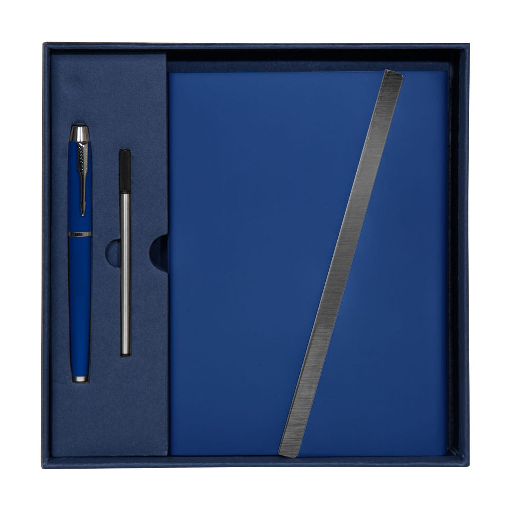 Set ejecutivo de libreta de curpiel con solapa magnética y bolígrafo de acero inoxidable personalizado para empresas.