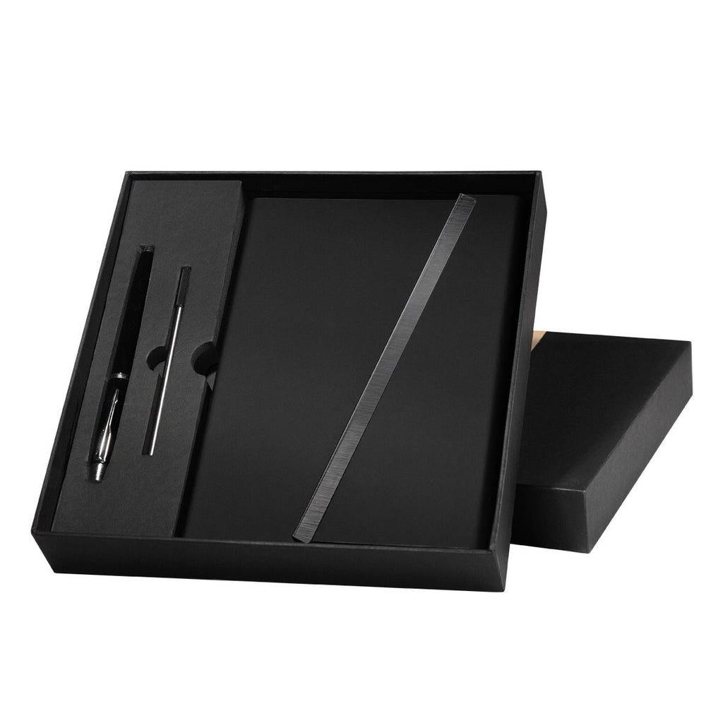 Set ejecutivo de libreta de curpiel con solapa magnética y bolígrafo de acero inoxidable personalizado para empresas.