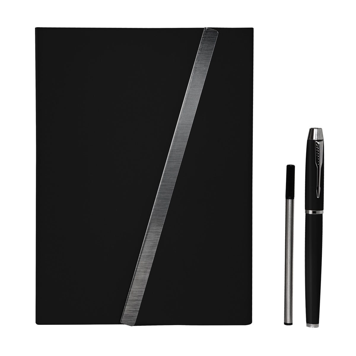 Set ejecutivo de libreta de curpiel con solapa magnética y bolígrafo de acero inoxidable personalizado para empresas.