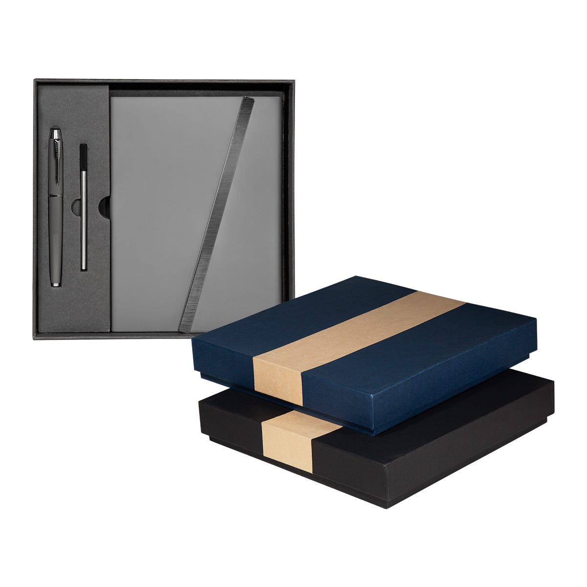 Set ejecutivo de libreta de curpiel con solapa magnética y bolígrafo de acero inoxidable personalizado para empresas.