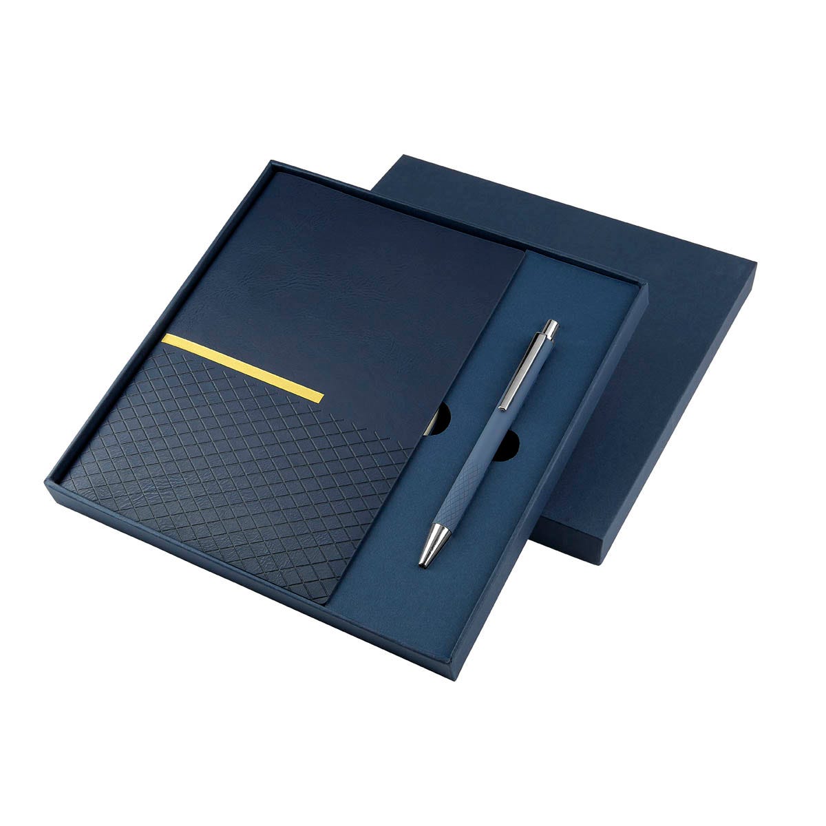 Kit ejecutivo personalizado con libreta de curpiel, bolígrafo metálico y caja de regalo para empresas.