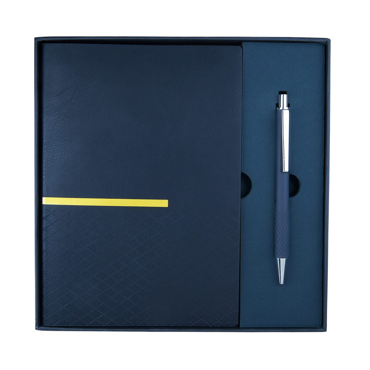 Kit ejecutivo personalizado con libreta de curpiel, bolígrafo metálico y caja de regalo para empresas.