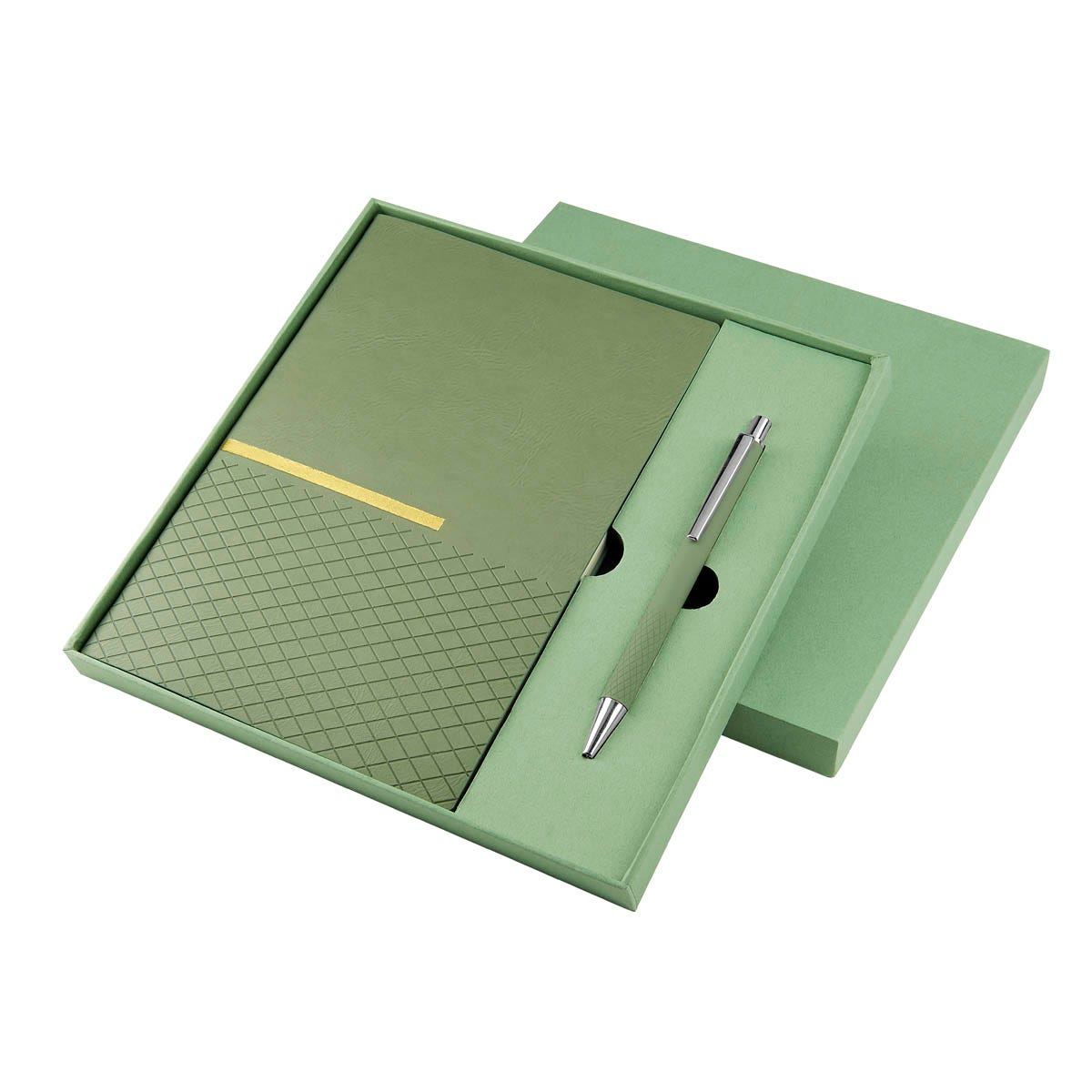 Kit ejecutivo personalizado con libreta de curpiel, bolígrafo metálico y caja de regalo para empresas.