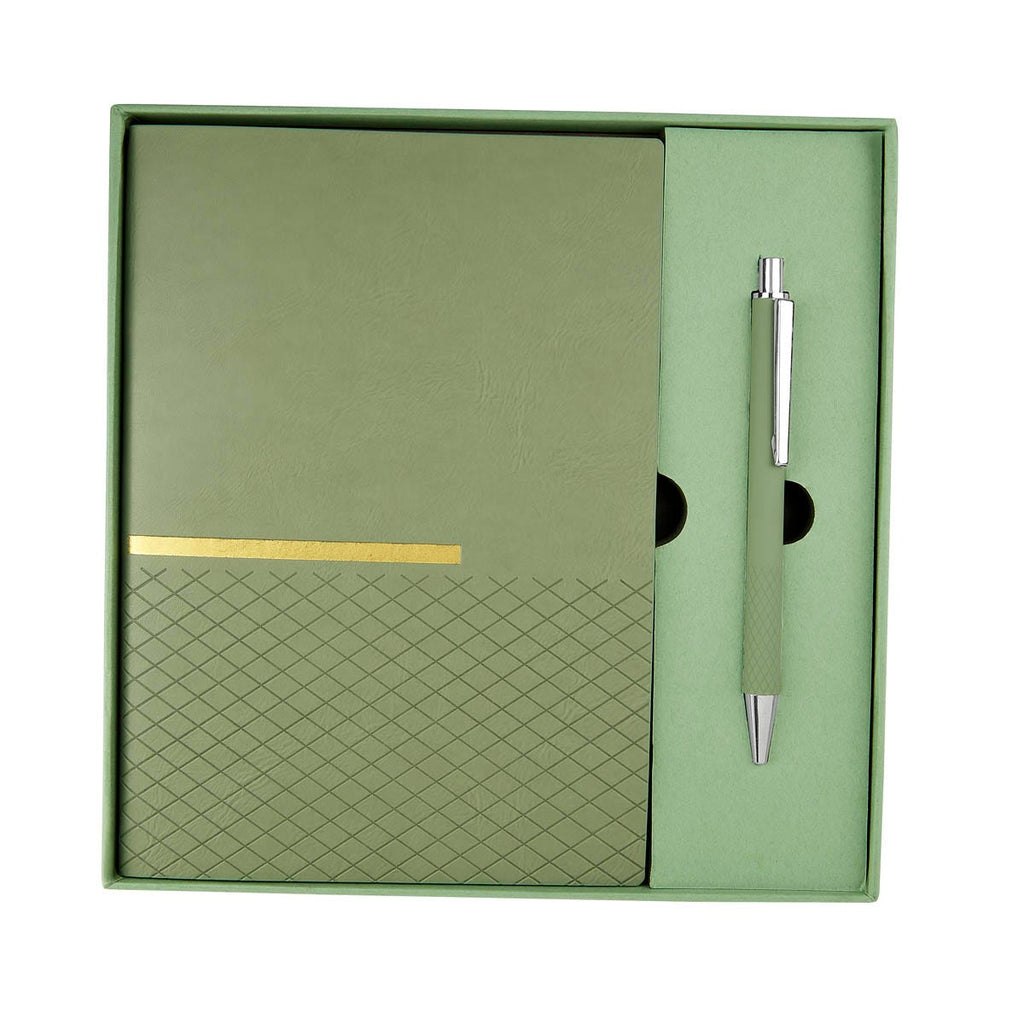 Kit ejecutivo personalizado con libreta de curpiel, bolígrafo metálico y caja de regalo para empresas.
