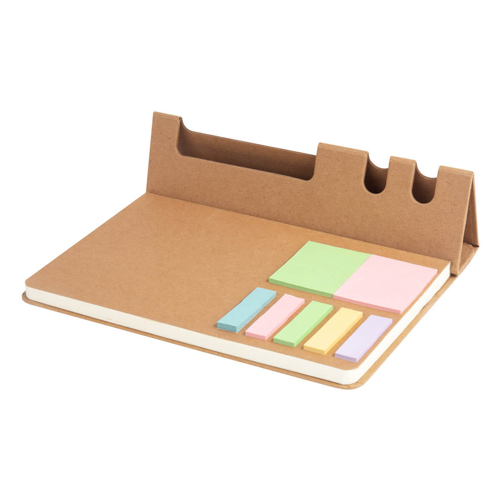 Libreta ecológica personalizada con soporte para smartphone, notas adhesivas y organizador de bolígrafos para empresas.