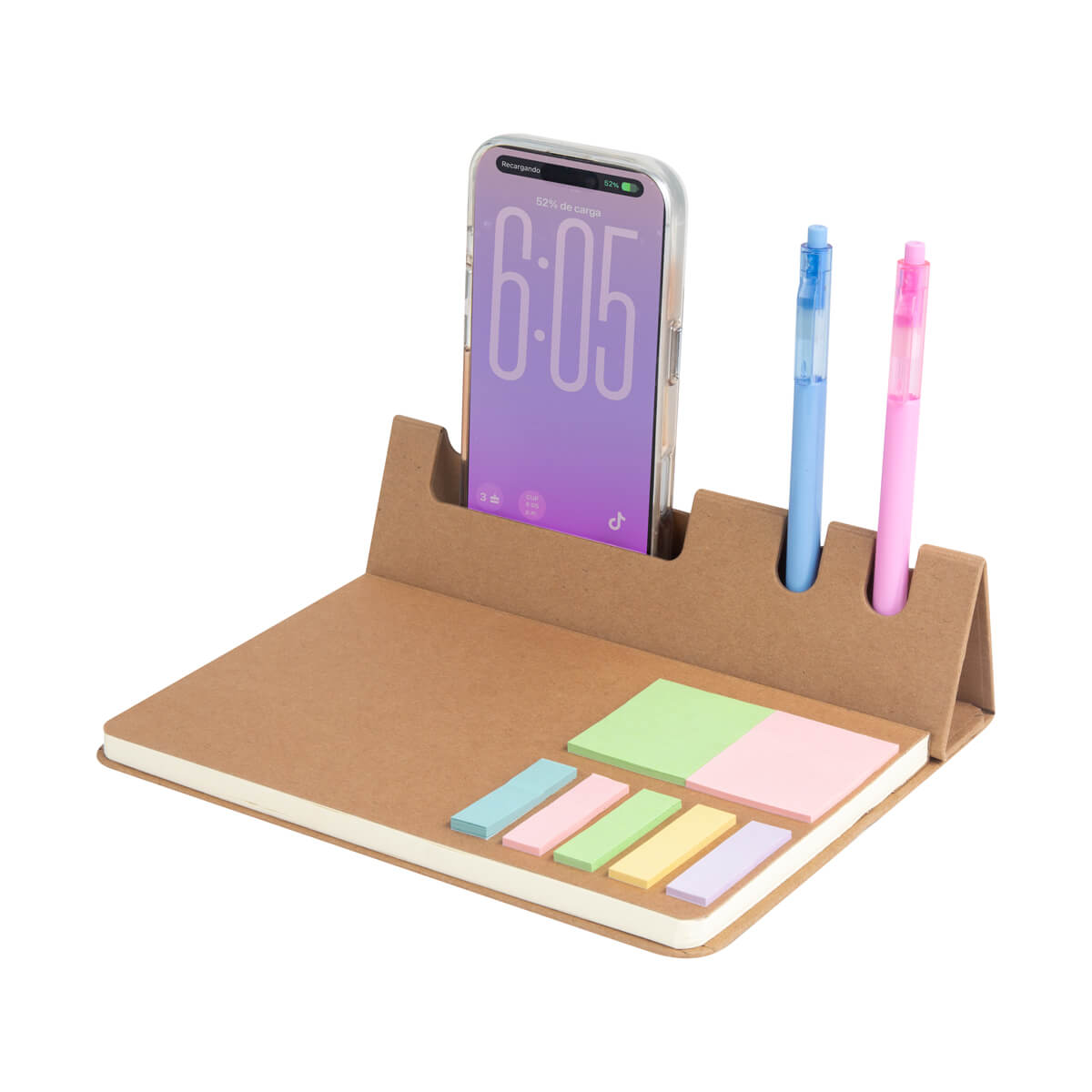 Libreta ecológica personalizada con soporte para smartphone, notas adhesivas y organizador de bolígrafos para empresas.