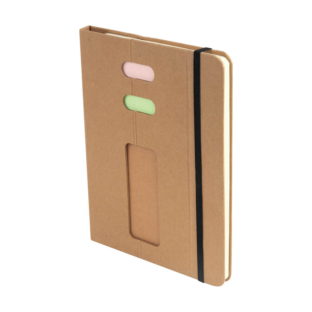 Libreta ecológica personalizada con soporte para smartphone, notas adhesivas y organizador de bolígrafos para empresas.