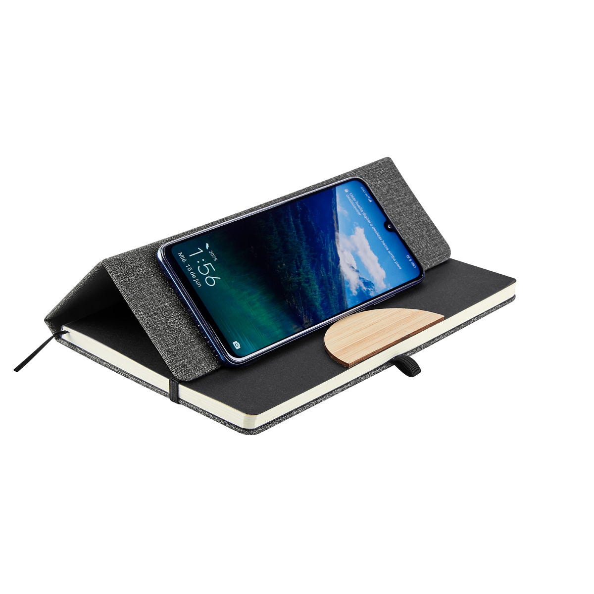 Libreta ejecutiva personalizada con soporte para smartphone, cubierta de curpiel y bambú para empresas.