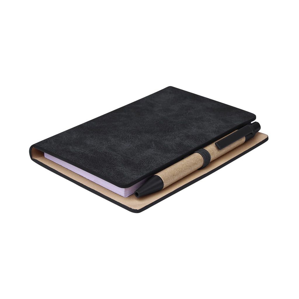 Libreta de curpiel personalizada con bolígrafo ecológico y notas adheribles de colores para empresas.