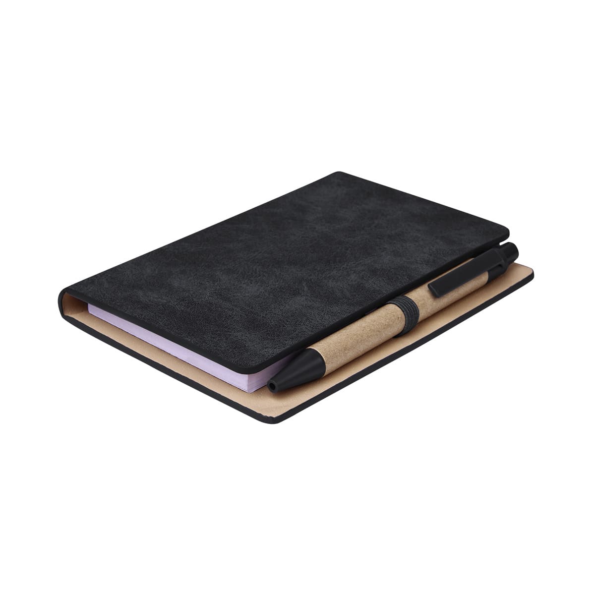 Libreta de curpiel personalizada con bolígrafo ecológico y notas adheribles de colores para empresas.