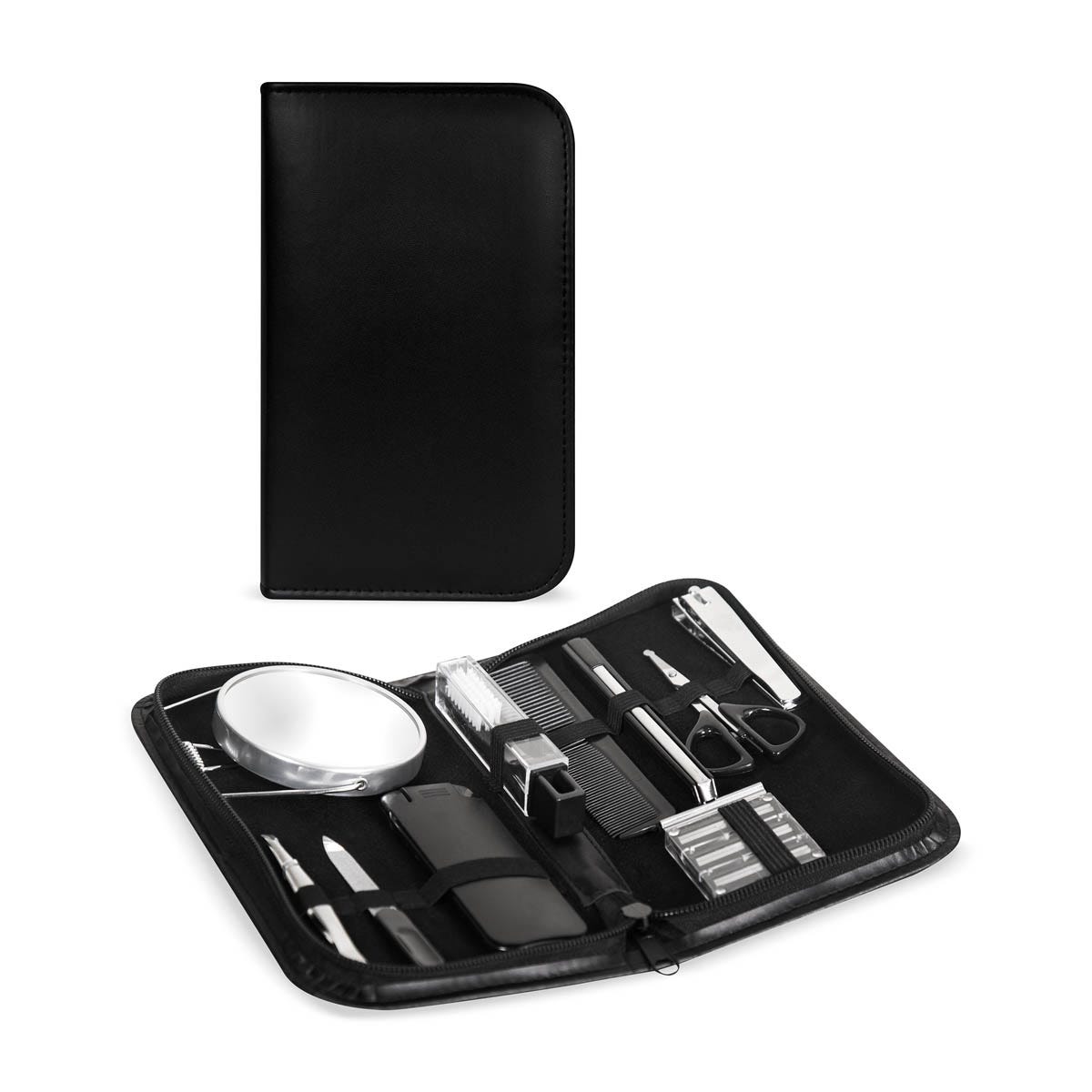 Set de cuidado personal de 10 accesorios en estuche de curpiel personalizado para regalos corporativos y de viaje.