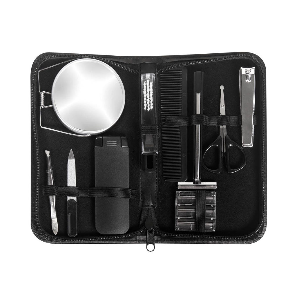 Set de cuidado personal de 10 accesorios en estuche de curpiel personalizado para regalos corporativos y de viaje.