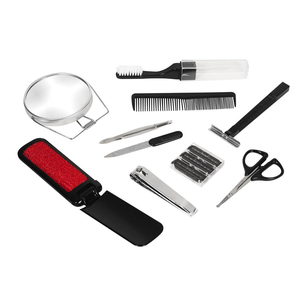 Set de cuidado personal de 10 accesorios en estuche de curpiel personalizado para regalos corporativos y de viaje.