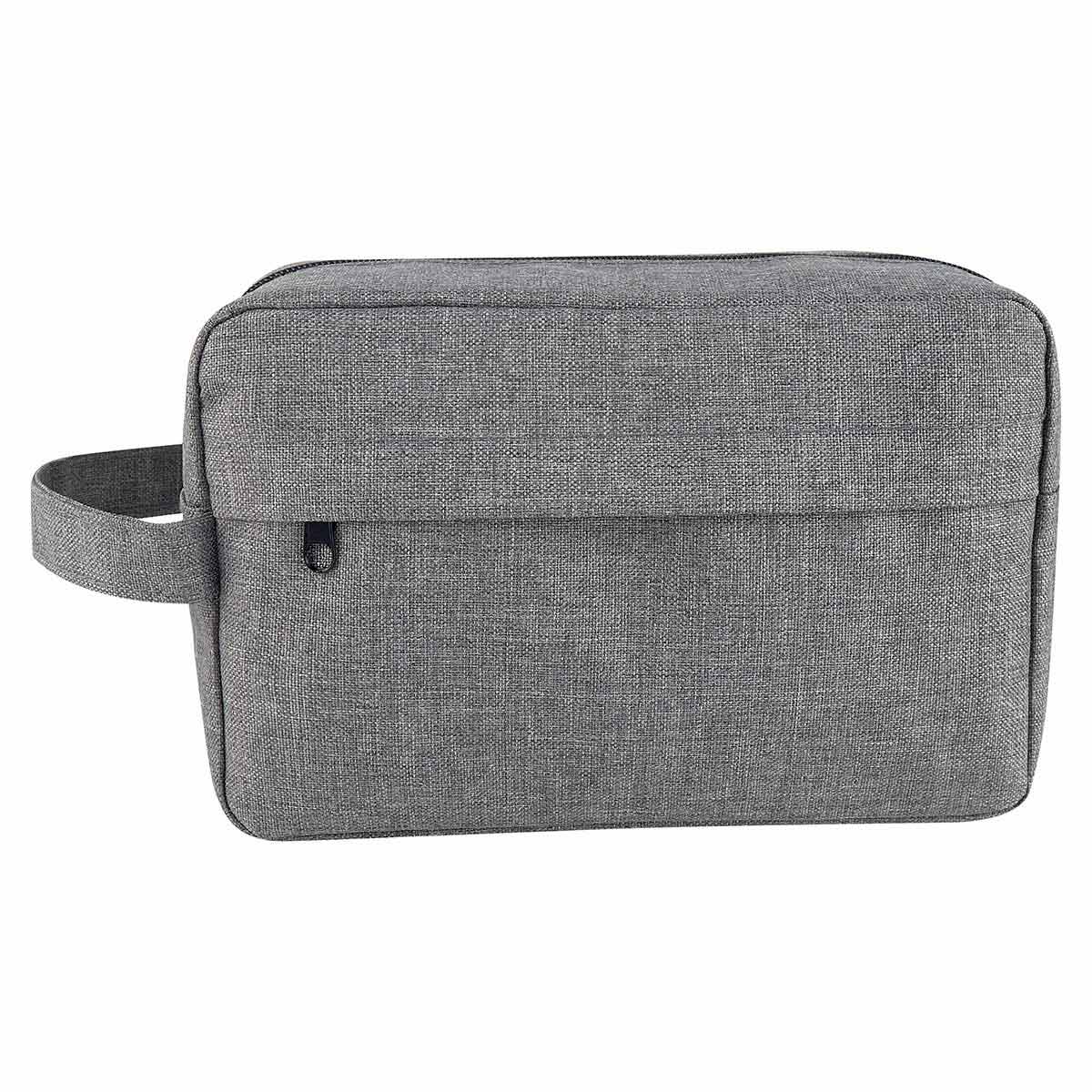 Neceser de viaje de poliéster personalizado con asa y compartimentos con cierre para empresas.