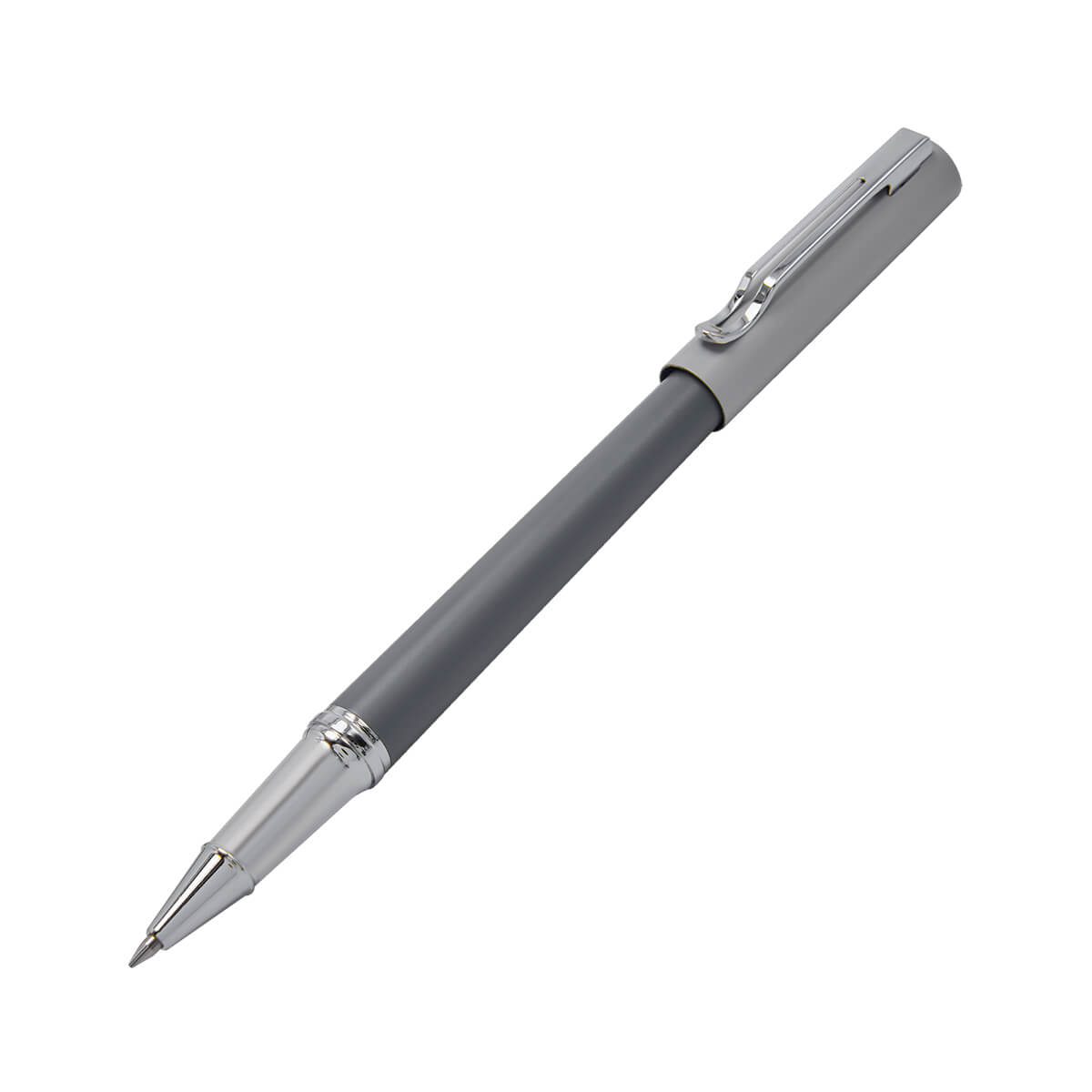 Bolígrafo metálico personalizado de dos tonos de gris con tapón y estuche para empresas.