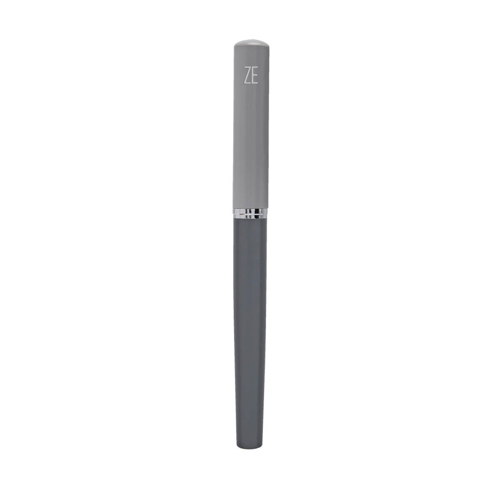 Bolígrafo metálico personalizado de dos tonos de gris con tapón y estuche para empresas.