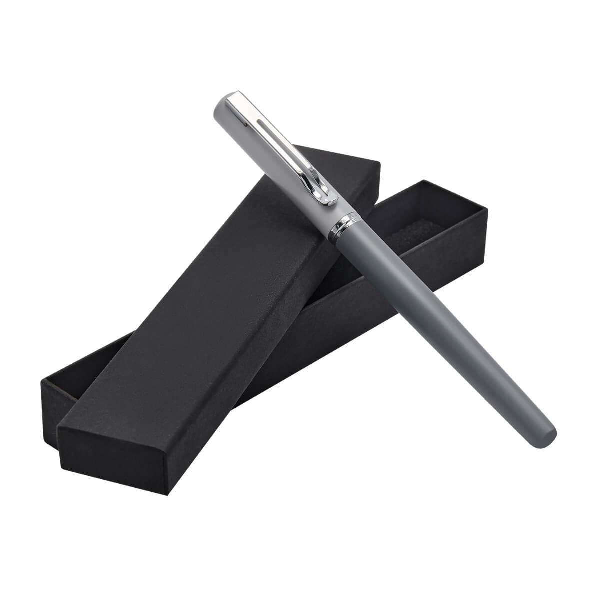 Bolígrafo metálico personalizado de dos tonos de gris con tapón y estuche para empresas.
