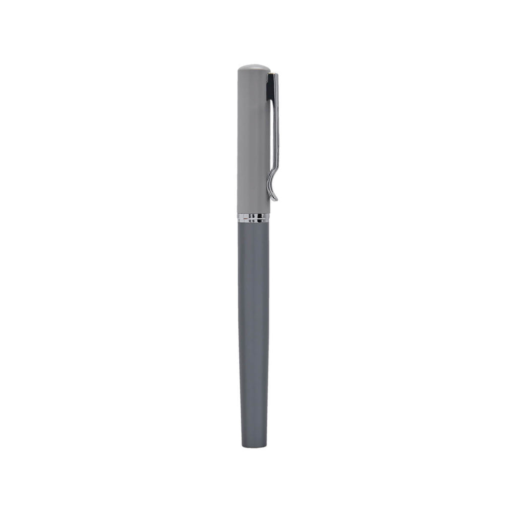 Bolígrafo metálico personalizado de dos tonos de gris con tapón y estuche para empresas.