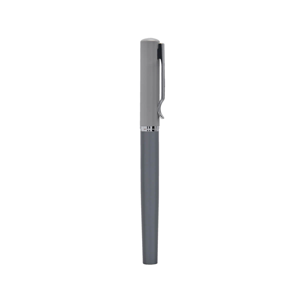 Bolígrafo metálico personalizado de dos tonos de gris con tapón y estuche para empresas.