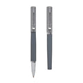 Bolígrafo metálico personalizado de dos tonos de gris con tapón y estuche para empresas.