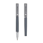 Bolígrafo metálico personalizado de dos tonos de gris con tapón y estuche para empresas.
