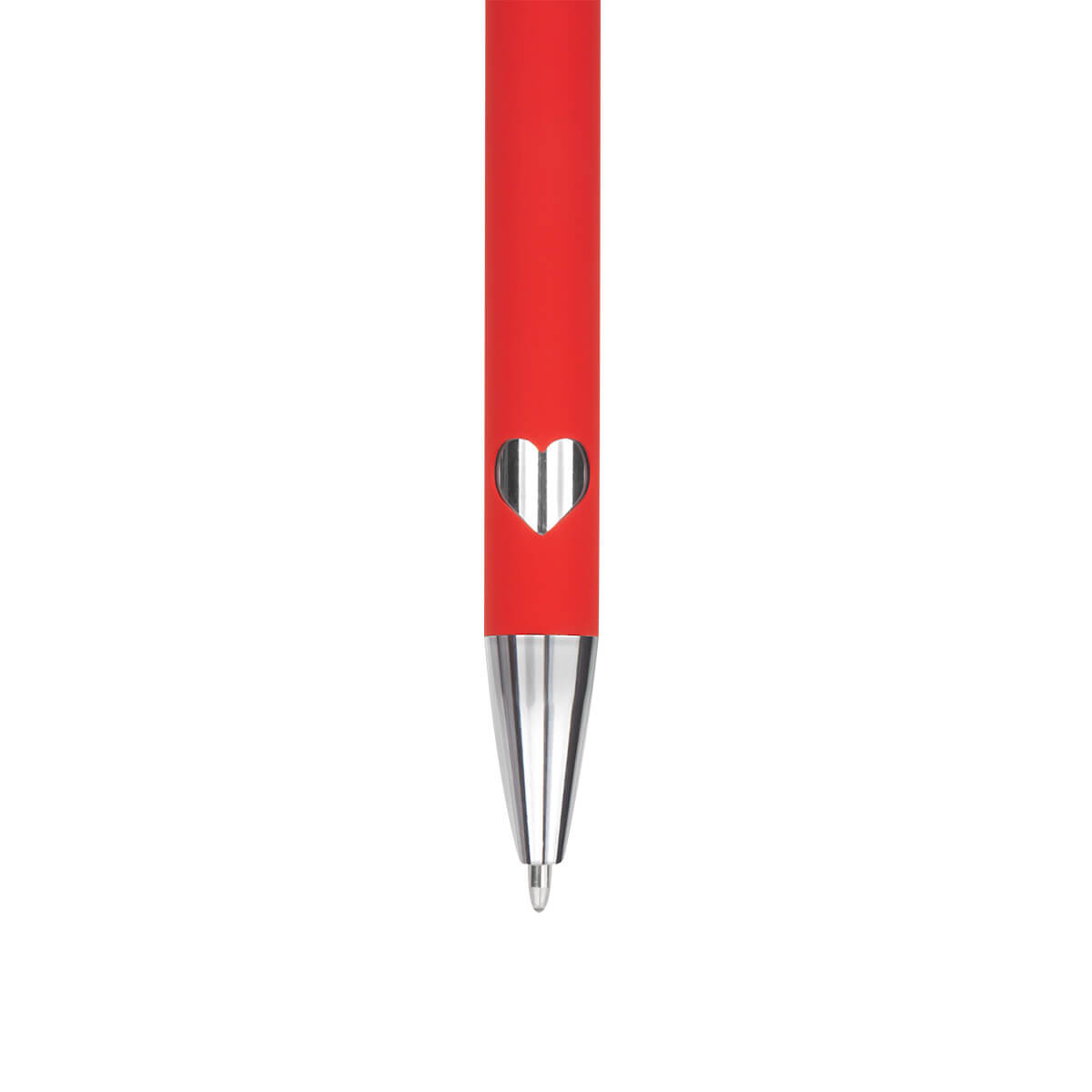 Bolígrafo metálico personalizado con acabado mate, detalles cromados, diseño de corazón y funda para empresas.