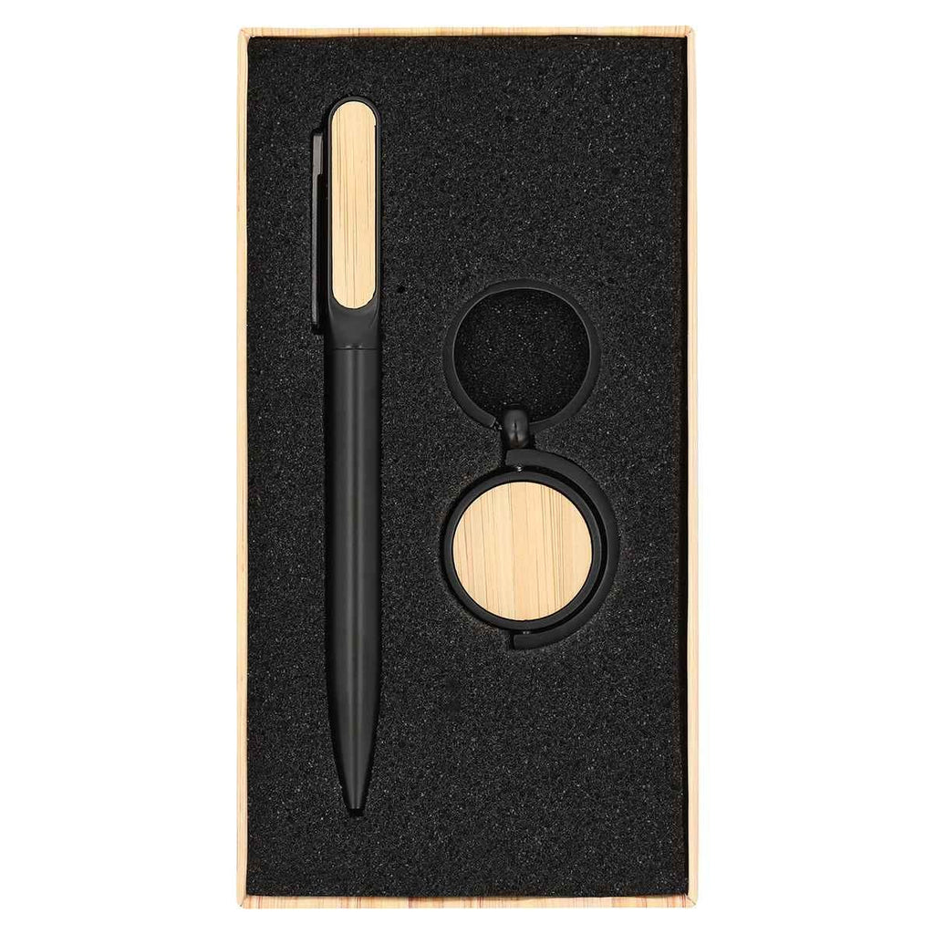 Set ejecutivo personalizado de bambú con bolígrafo, llavero y estuche para regalos corporativos empresariales.