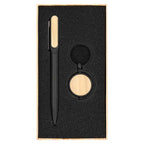 Set ejecutivo personalizado de bambú con bolígrafo, llavero y estuche para regalos corporativos empresariales.