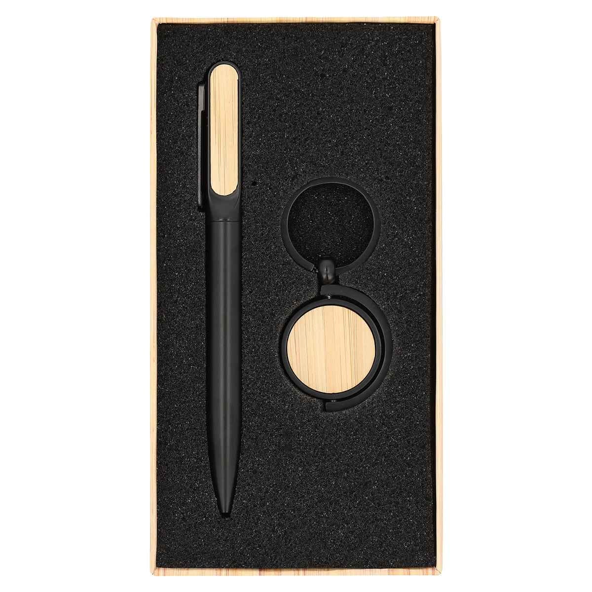 Set ejecutivo personalizado de bambú con bolígrafo, llavero y estuche para regalos corporativos empresariales.