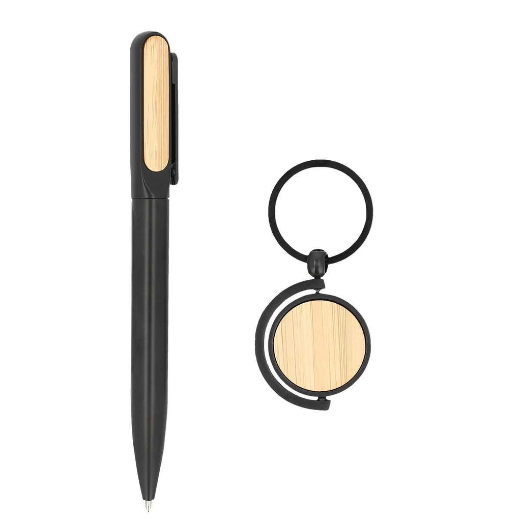Set ejecutivo personalizado de bambú con bolígrafo, llavero y estuche para regalos corporativos empresariales.