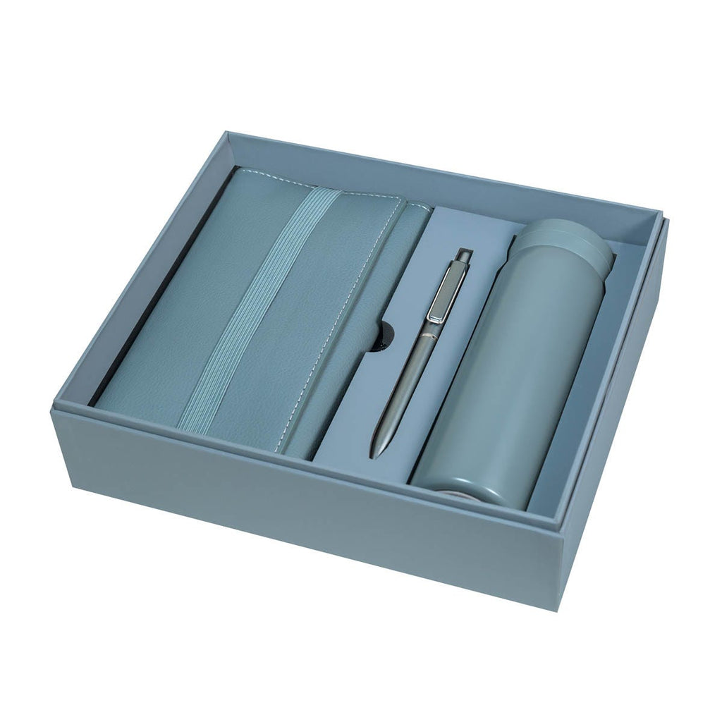 Kit ejecutivo premium personalizado con termo de acero inoxidable, libreta de curpiel, bolígrafo y caja de presentación.