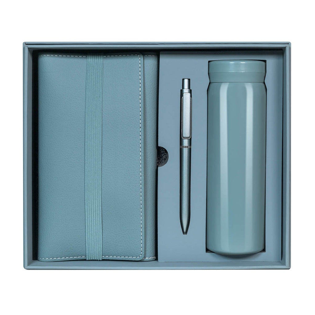 Kit ejecutivo premium personalizado con termo de acero inoxidable, libreta de curpiel, bolígrafo y caja de presentación.