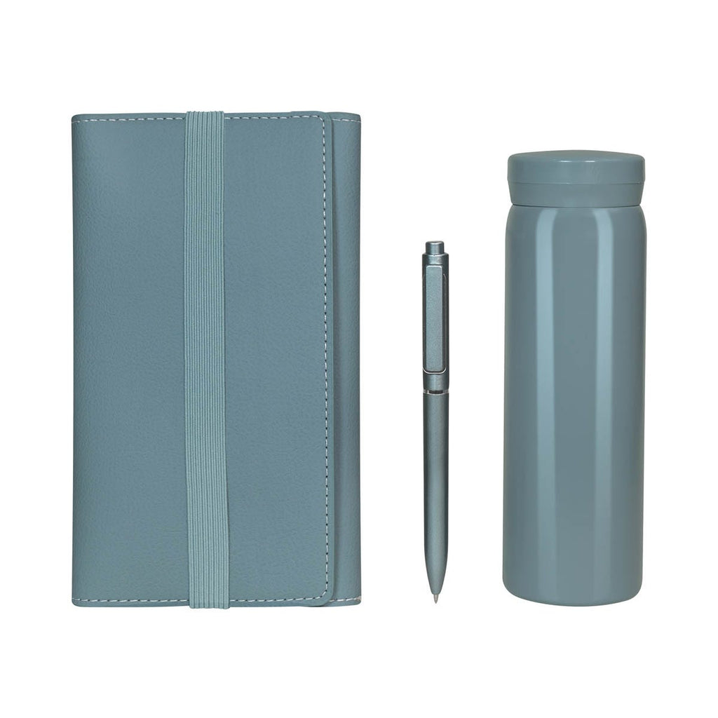 Kit ejecutivo premium personalizado con termo de acero inoxidable, libreta de curpiel, bolígrafo y caja de presentación.