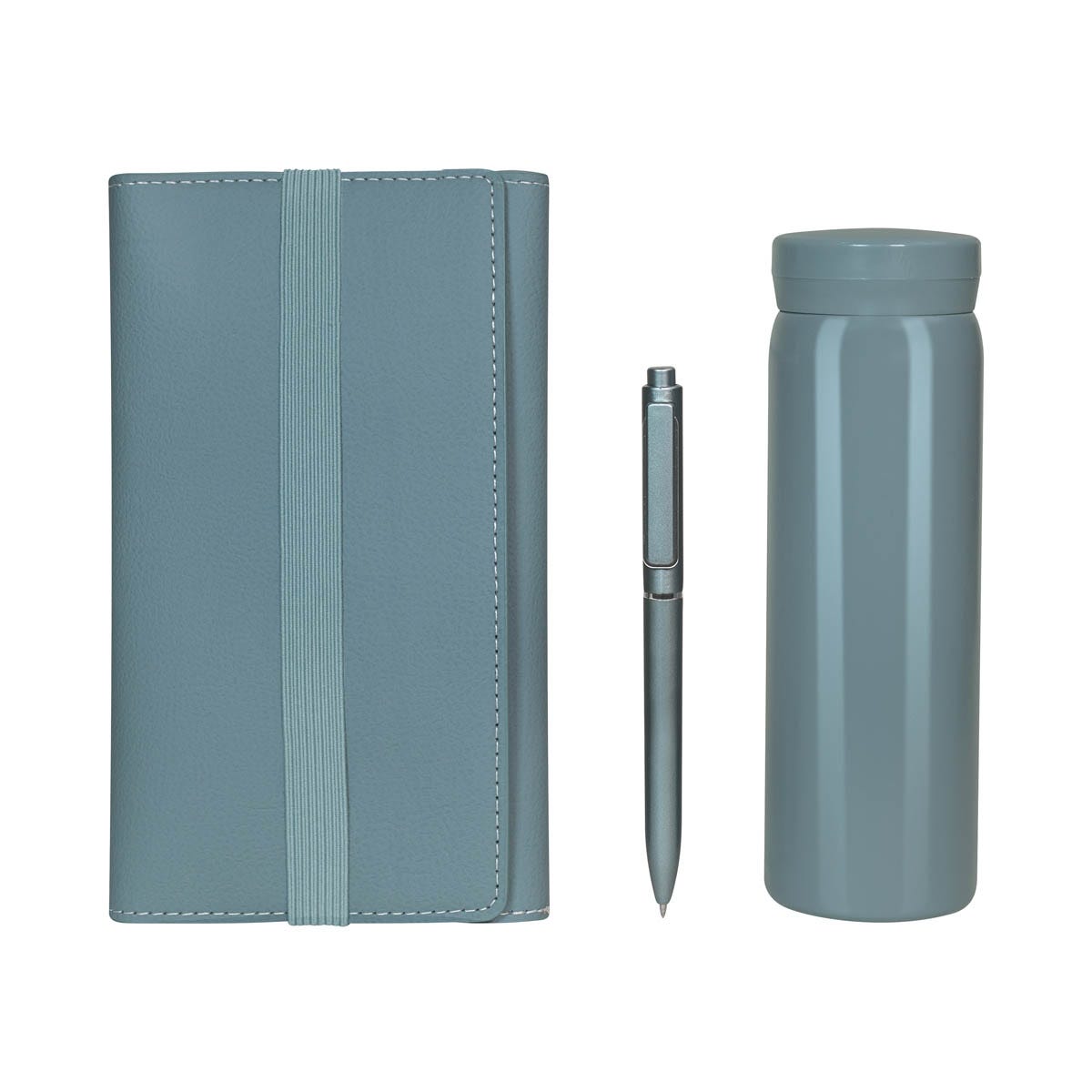 Kit ejecutivo premium personalizado con termo de acero inoxidable, libreta de curpiel, bolígrafo y caja de presentación.