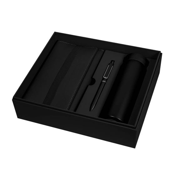 Kit ejecutivo premium personalizado con termo de acero inoxidable, libreta de curpiel, bolígrafo y caja de presentación.