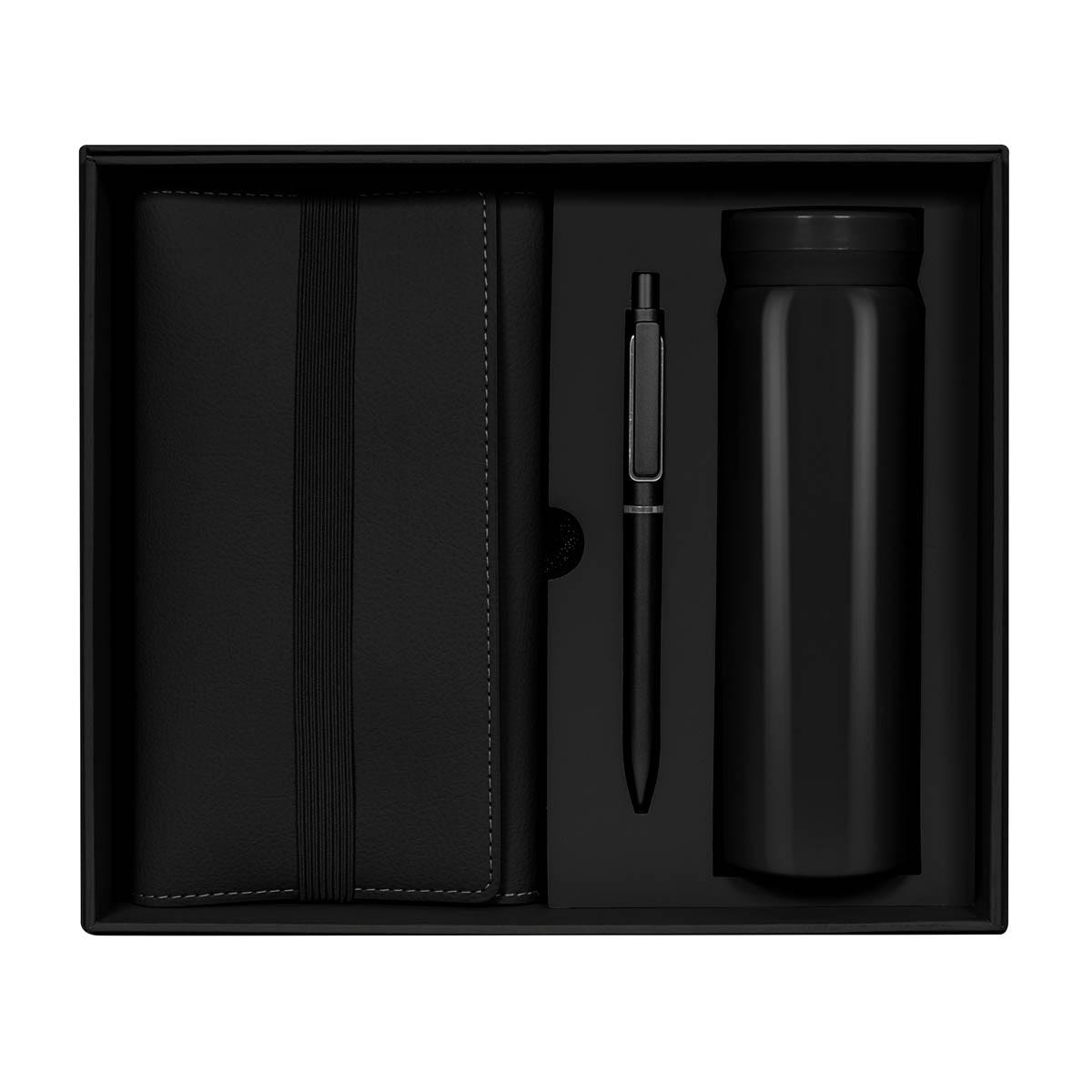 Kit ejecutivo premium personalizado con termo de acero inoxidable, libreta de curpiel, bolígrafo y caja de presentación.