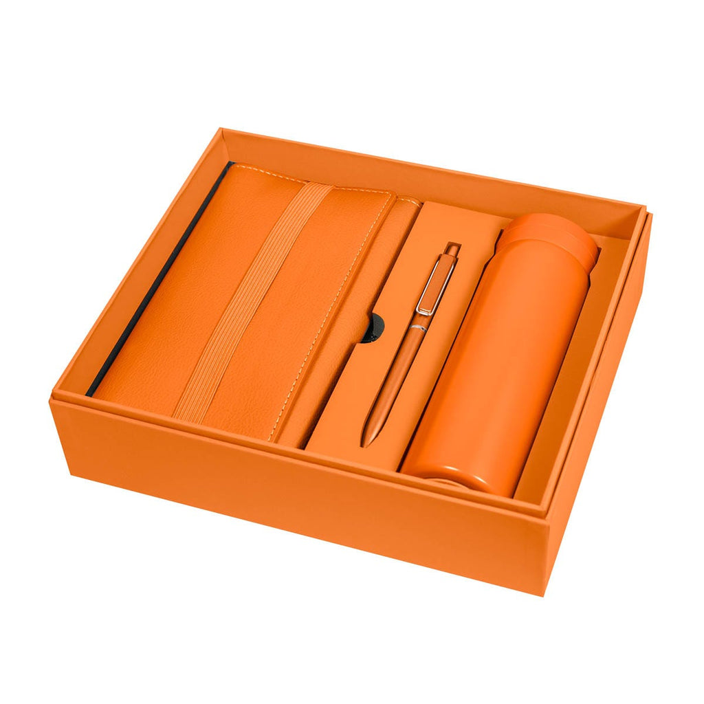 Kit ejecutivo premium personalizado con termo de acero inoxidable, libreta de curpiel, bolígrafo y caja de presentación.