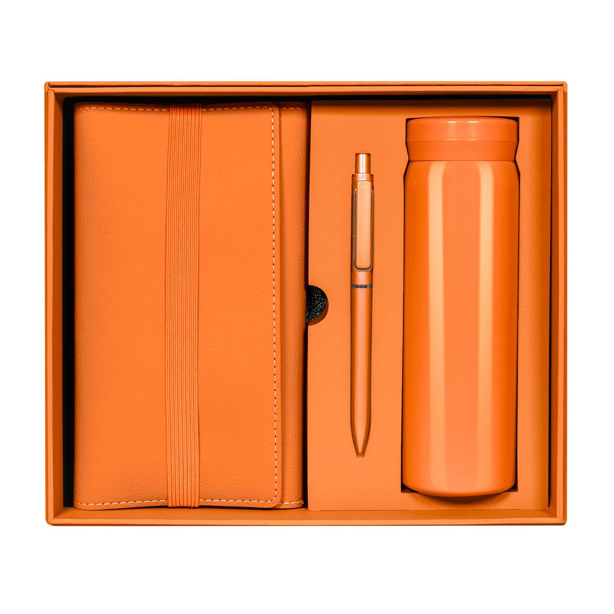 Kit ejecutivo premium personalizado con termo de acero inoxidable, libreta de curpiel, bolígrafo y caja de presentación.