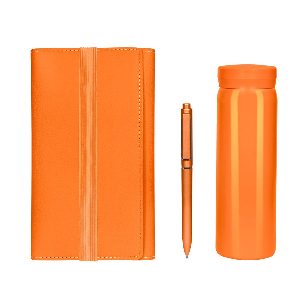 Kit ejecutivo premium personalizado con termo de acero inoxidable, libreta de curpiel, bolígrafo y caja de presentación.