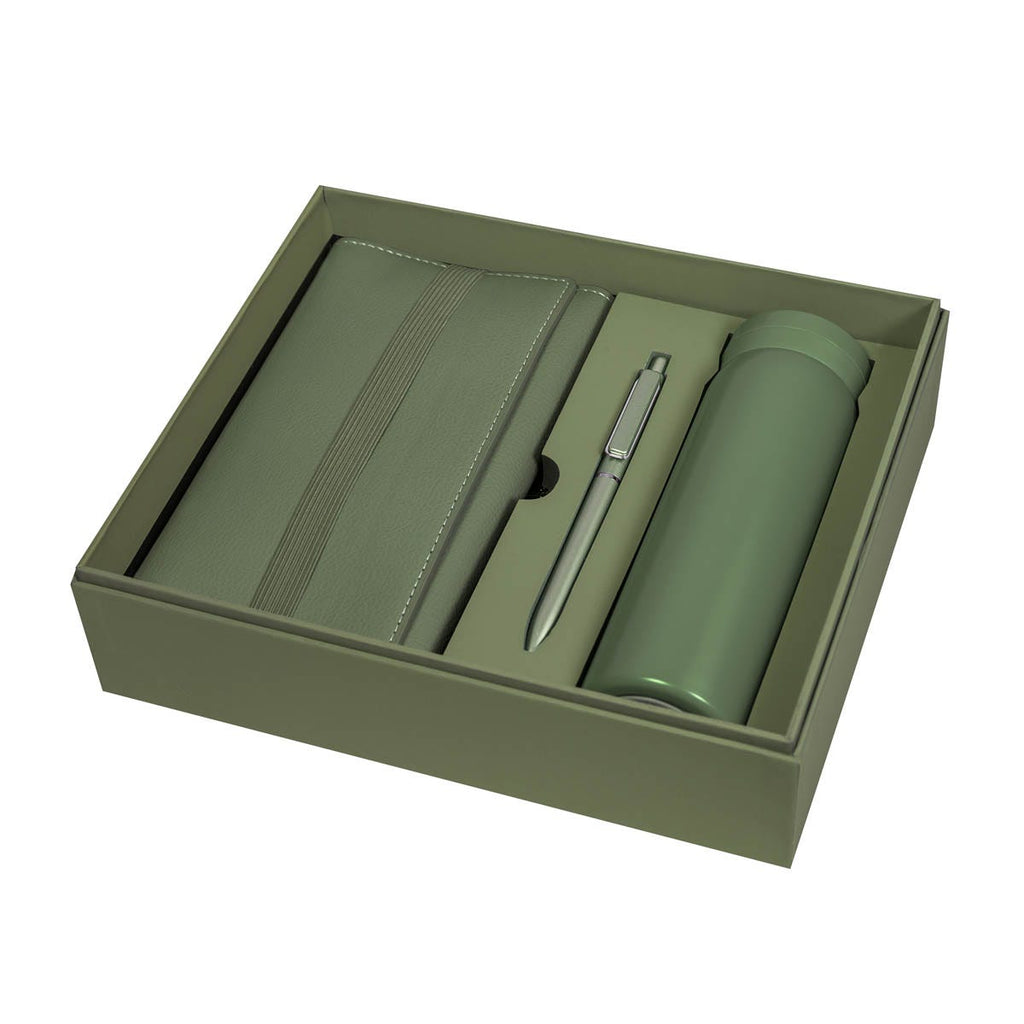 Kit ejecutivo premium personalizado con termo de acero inoxidable, libreta de curpiel, bolígrafo y caja de presentación.