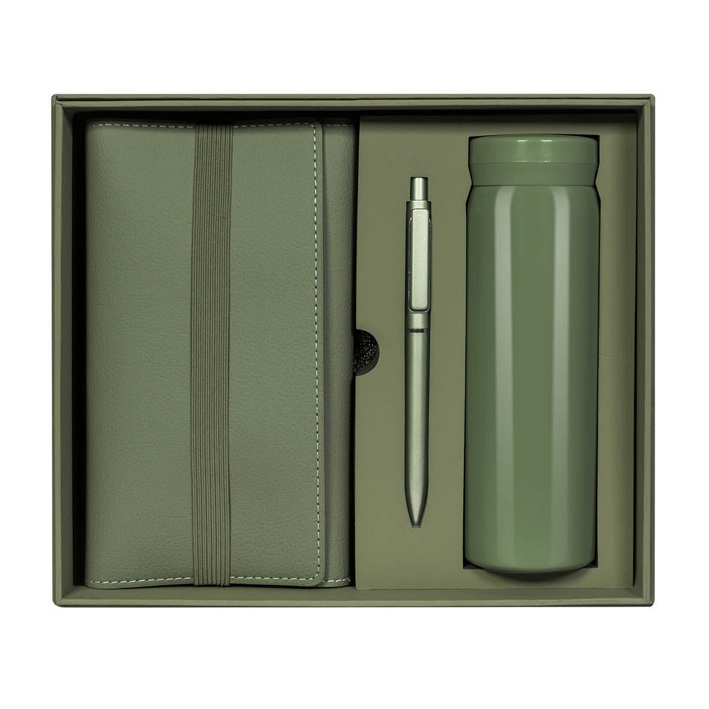 Kit ejecutivo premium personalizado con termo de acero inoxidable, libreta de curpiel, bolígrafo y caja de presentación.
