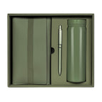 Kit ejecutivo premium personalizado con termo de acero inoxidable, libreta de curpiel, bolígrafo y caja de presentación.
