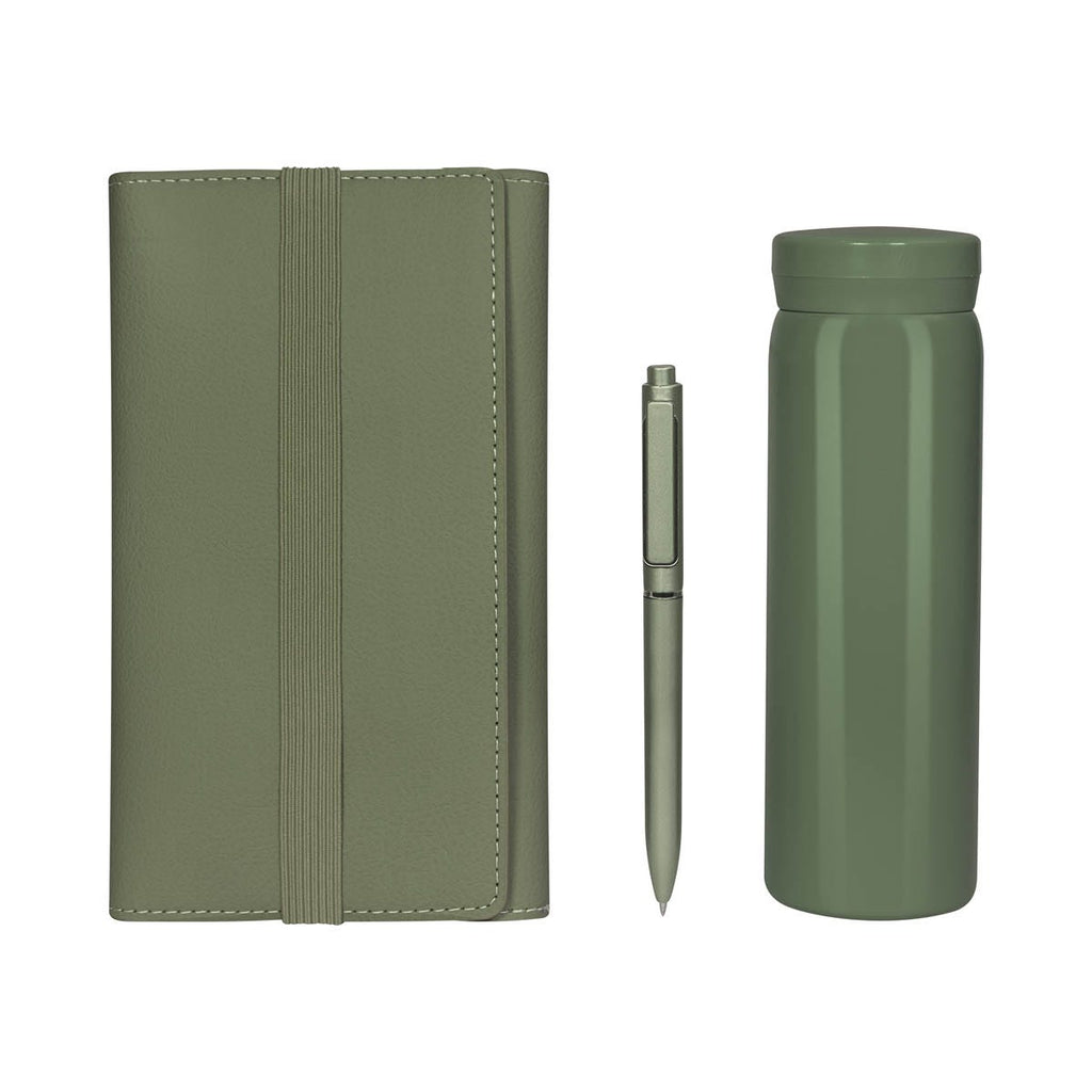 Kit ejecutivo premium personalizado con termo de acero inoxidable, libreta de curpiel, bolígrafo y caja de presentación.