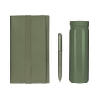 Kit ejecutivo premium personalizado con termo de acero inoxidable, libreta de curpiel, bolígrafo y caja de presentación.