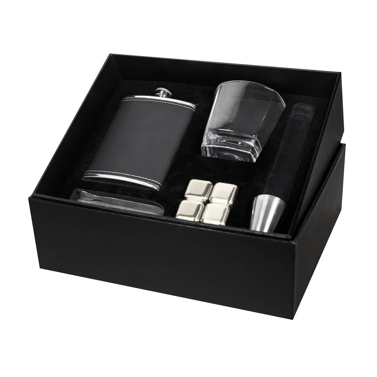 Set de bar con licorera con funda de curpiel, vaso de cristal, mini vasos metálicos, cubos enfriadores y caja rígida de regalo personalizada.