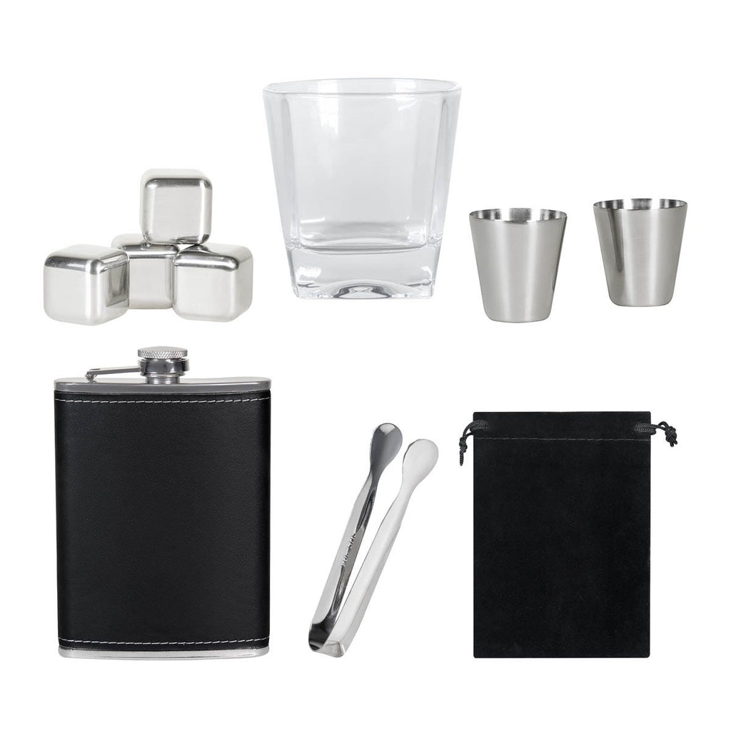 Set de bar con licorera con funda de curpiel, vaso de cristal, mini vasos metálicos, cubos enfriadores y caja rígida de regalo personalizada.